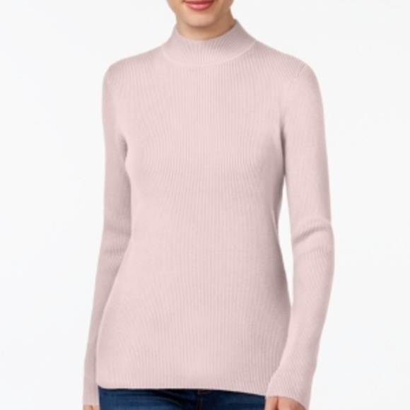 Karen Scott Cotton Ribbed Mock Neck Sweater Blush - Picture 1 of 5